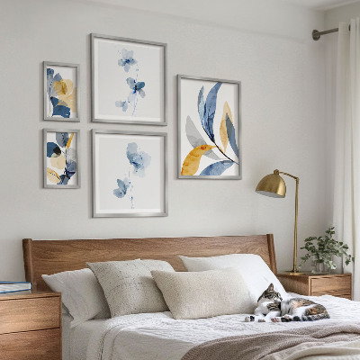 Tavelvägg med 5 tavlor Växtmotiv i pastellfärgade interiörer