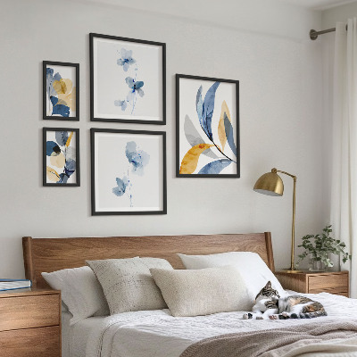Tavelvägg med 5 tavlor Växtmotiv i pastellfärgade interiörer