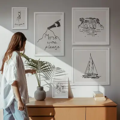 Tavelvägg med 5 tavlor med snygg design av vingrafik för avslappning