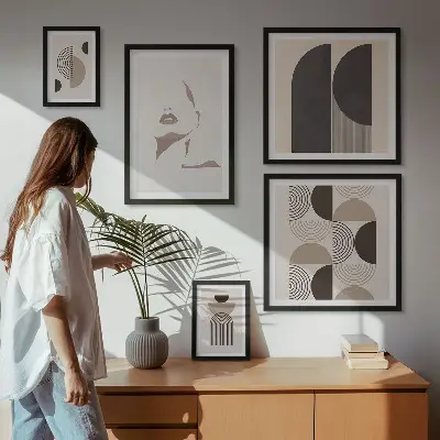 Tavelvägg med 5 geometriska porträtt snygg tavelvägg