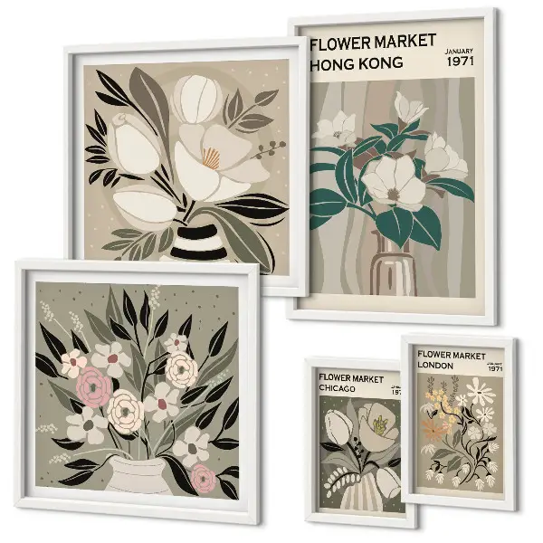 Tavelvägg med 5 tavlor med retro vintage blomstermotiv