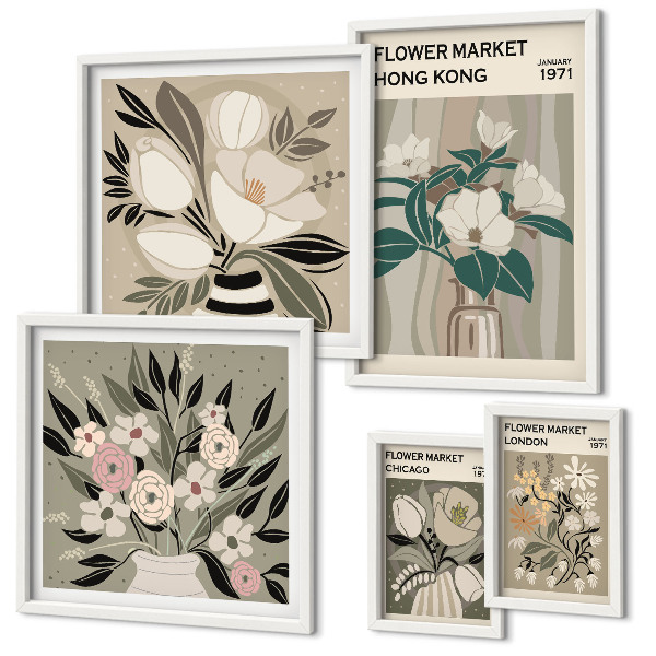 Tavelvägg med 5 tavlor Retro vintage blomstermässa