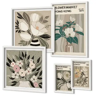 Tavelvägg med 5 tavlor med retro vintage blomstermotiv