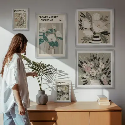 Tavelvägg med 5 tavlor med retro vintage blomstermotiv