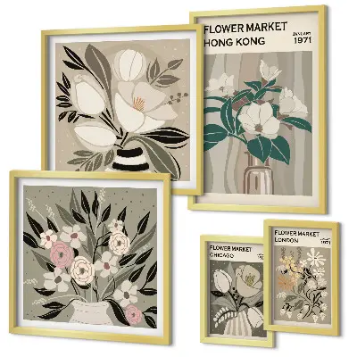 Tavelvägg med 5 tavlor med retro vintage blomstermotiv