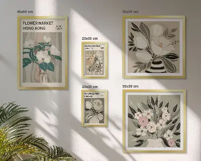 Tavelvägg med 5 tavlor med retro vintage blomstermotiv
