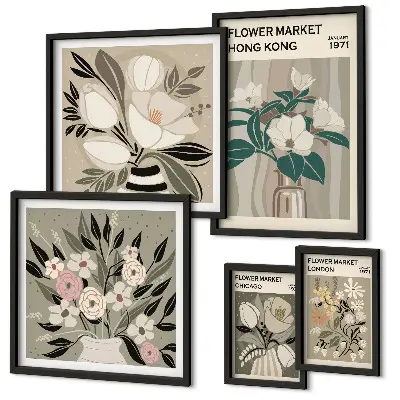 Tavelvägg med 5 tavlor med retro vintage blomstermotiv