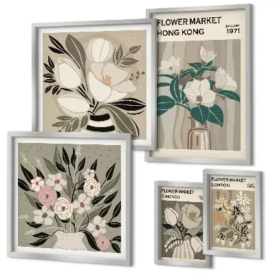 Tavelvägg med 5 tavlor med retro vintage blomstermotiv