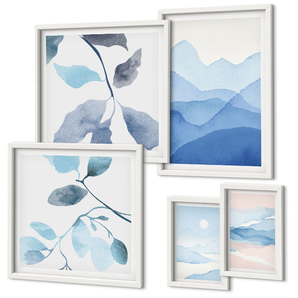 Tavelvägg med 5 tavlor Naturblå minimalistisk