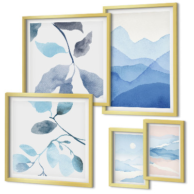 Tavelvägg med 5 tavlor Naturblå minimalistisk
