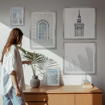 Tavelset väggdekoration med motiv av modern arkitektur i minimalism