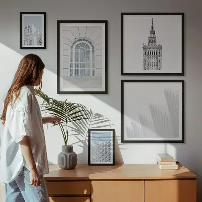 Tavelset väggdekoration med motiv av modern arkitektur i minimalism