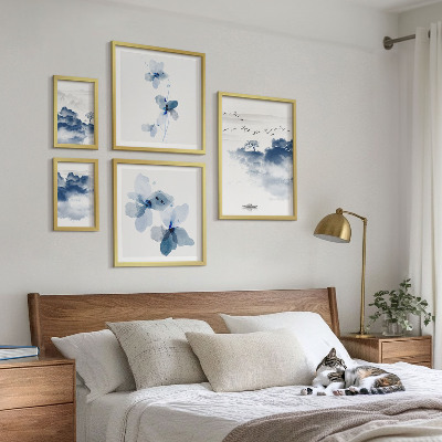Tavelvägg med 5 tavlor Landskap blommor vatten fred