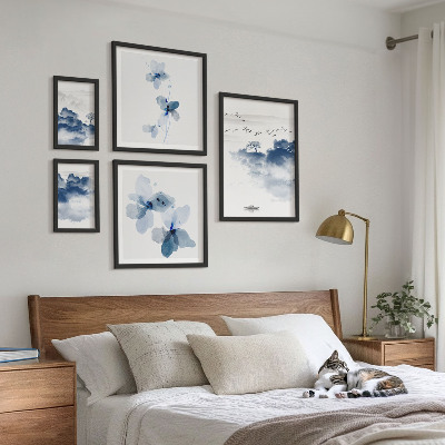 Tavelvägg med 5 tavlor Landskap blommor vatten fred