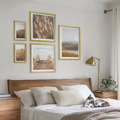 Set med 5 tavlor naturlandskap med sjömotiv