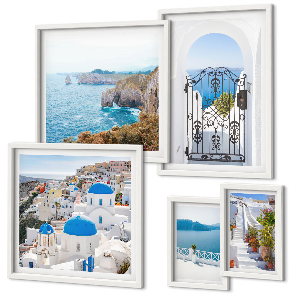 Set om 5 tavlor Santorini blå havshus