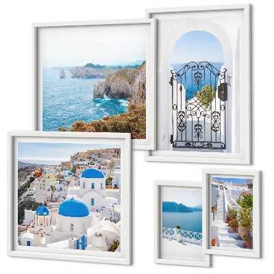 Set om 5 tavlor Santorini blå havshus