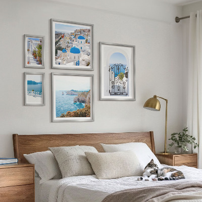 Set om 5 tavlor Santorini blå havshus