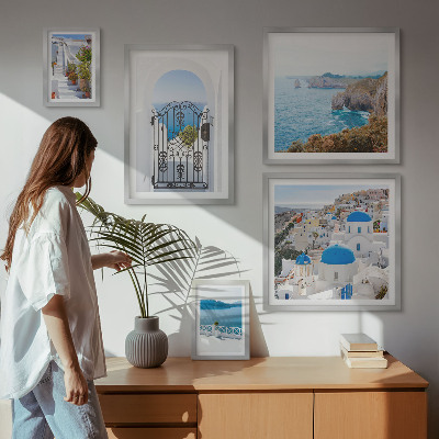 Set om 5 tavlor Santorini blå havshus