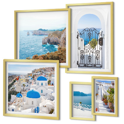 Set om 5 tavlor Santorini blå havshus