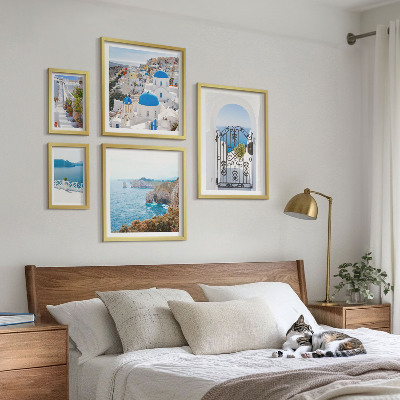 Set om 5 tavlor Santorini blå havshus