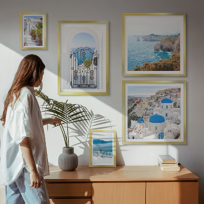Set om 5 tavlor Santorini blå havshus