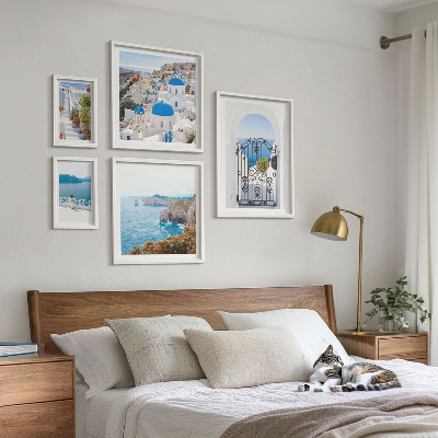 Set om 5 tavlor Santorini blå havshus