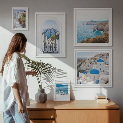 Set om 5 tavlor Santorini blå havshus