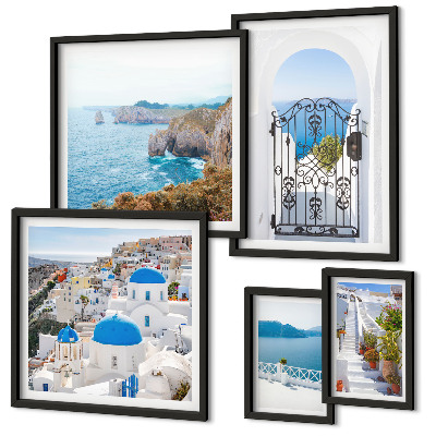 Set om 5 tavlor Santorini blå havshus
