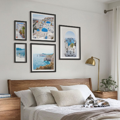 Set om 5 tavlor Santorini blå havshus
