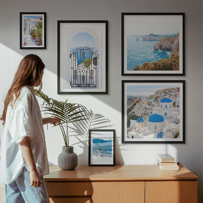 Set om 5 tavlor Santorini blå havshus