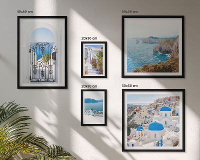Set om 5 tavlor Santorini blå havshus