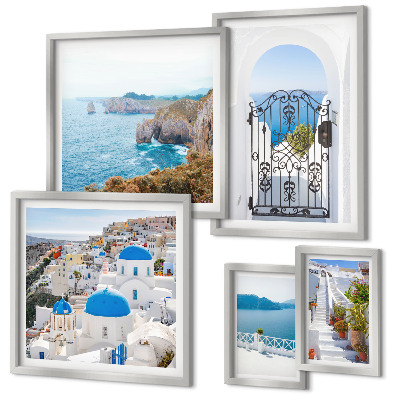 Set om 5 tavlor Santorini blå havshus