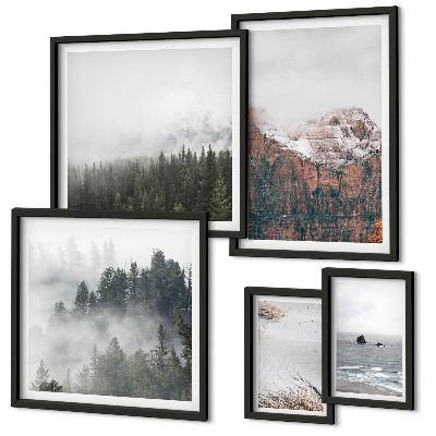 Set om 5 tavlor Landskap berg skogar moln