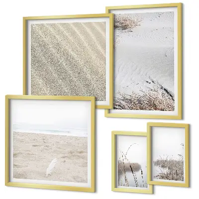 Tavelvägg med 5 tavlor med minimalistiska strandmotiv