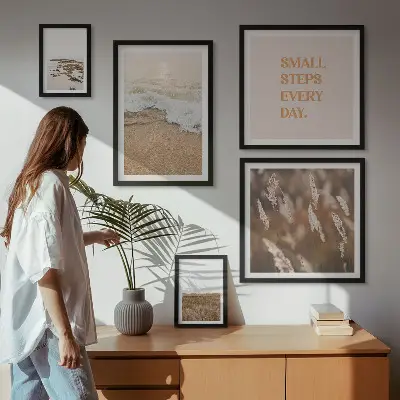 Väggdekoration tavelset med citat om livet vid havet och landskap