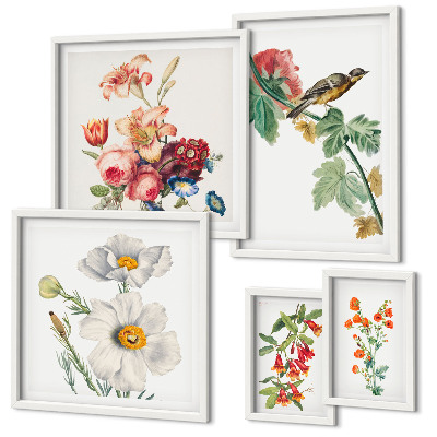 Set om 5 tavlor Blommiga fåglar vintagedekorationer
