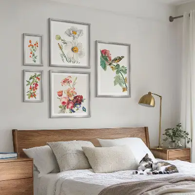 Blommiga fåglar vintagedekorationer set om 5 tavlor