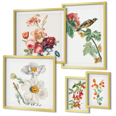 Set om 5 tavlor Blommiga fåglar vintagedekorationer