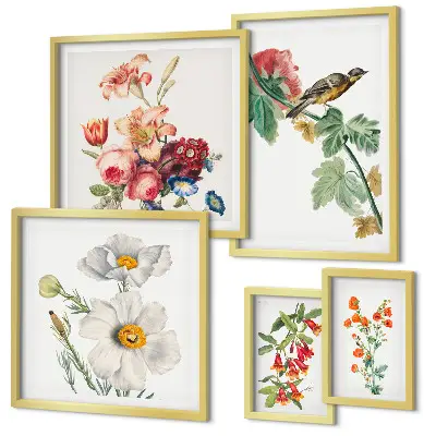 Blommiga fåglar vintagedekorationer set om 5 tavlor