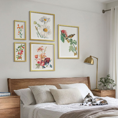 Set om 5 tavlor Blommiga fåglar vintagedekorationer
