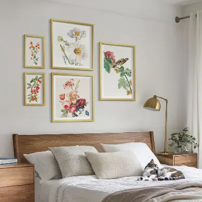 Blommiga fåglar vintagedekorationer set om 5 tavlor