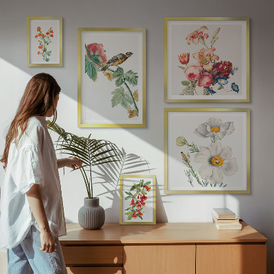 Set om 5 tavlor Blommiga fåglar vintagedekorationer