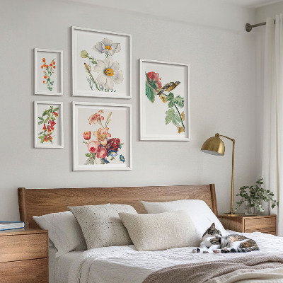 Set om 5 tavlor Blommiga fåglar vintagedekorationer