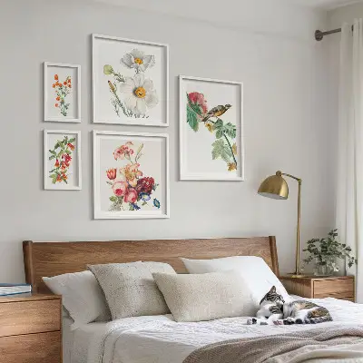 Blommiga fåglar vintagedekorationer set om 5 tavlor