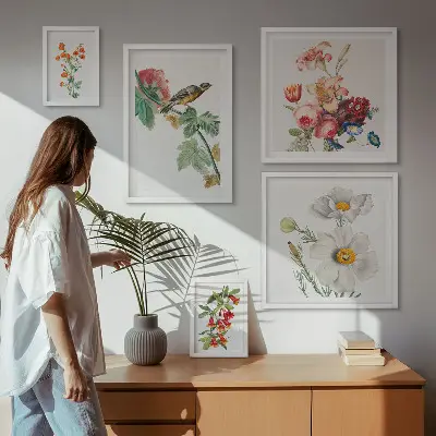 Blommiga fåglar vintagedekorationer set om 5 tavlor