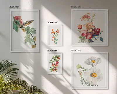 Blommiga fåglar vintagedekorationer set om 5 tavlor
