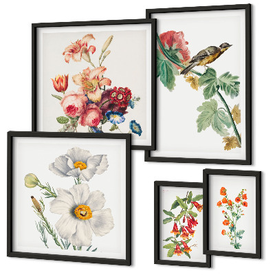 Set om 5 tavlor Blommiga fåglar vintagedekorationer