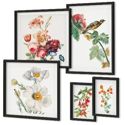 Blommiga fåglar vintagedekorationer set om 5 tavlor