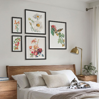 Set om 5 tavlor Blommiga fåglar vintagedekorationer